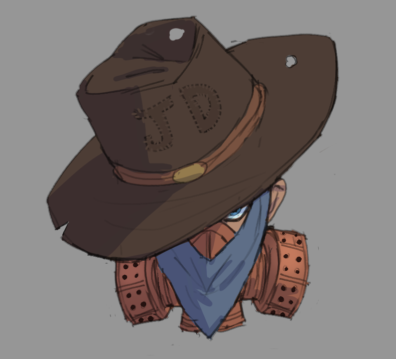 A head of a character sporting a large brown cowboy hat embroidered with the initials 'JD'. Their face is partially veiled by a deep blue bandana wearing a respirator, leaving only one eye visible. Style is a fusion of rugged Western and industrial aesthetics.